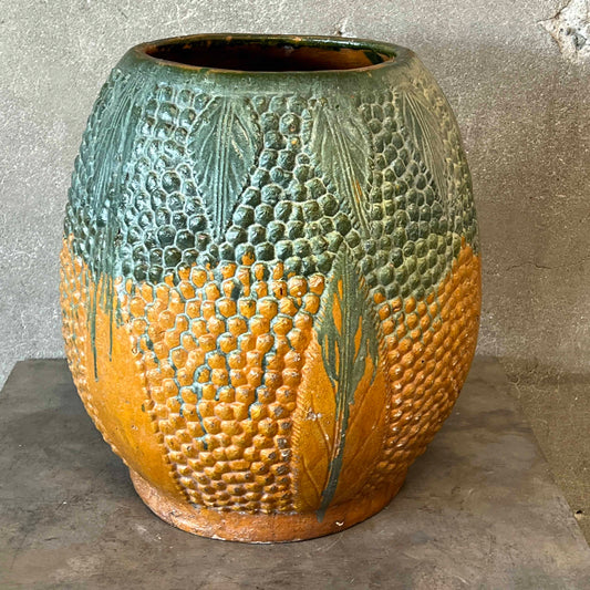 Vintage/Antique Majolica Corn Style Planter Orange + Green Glaze Pottery