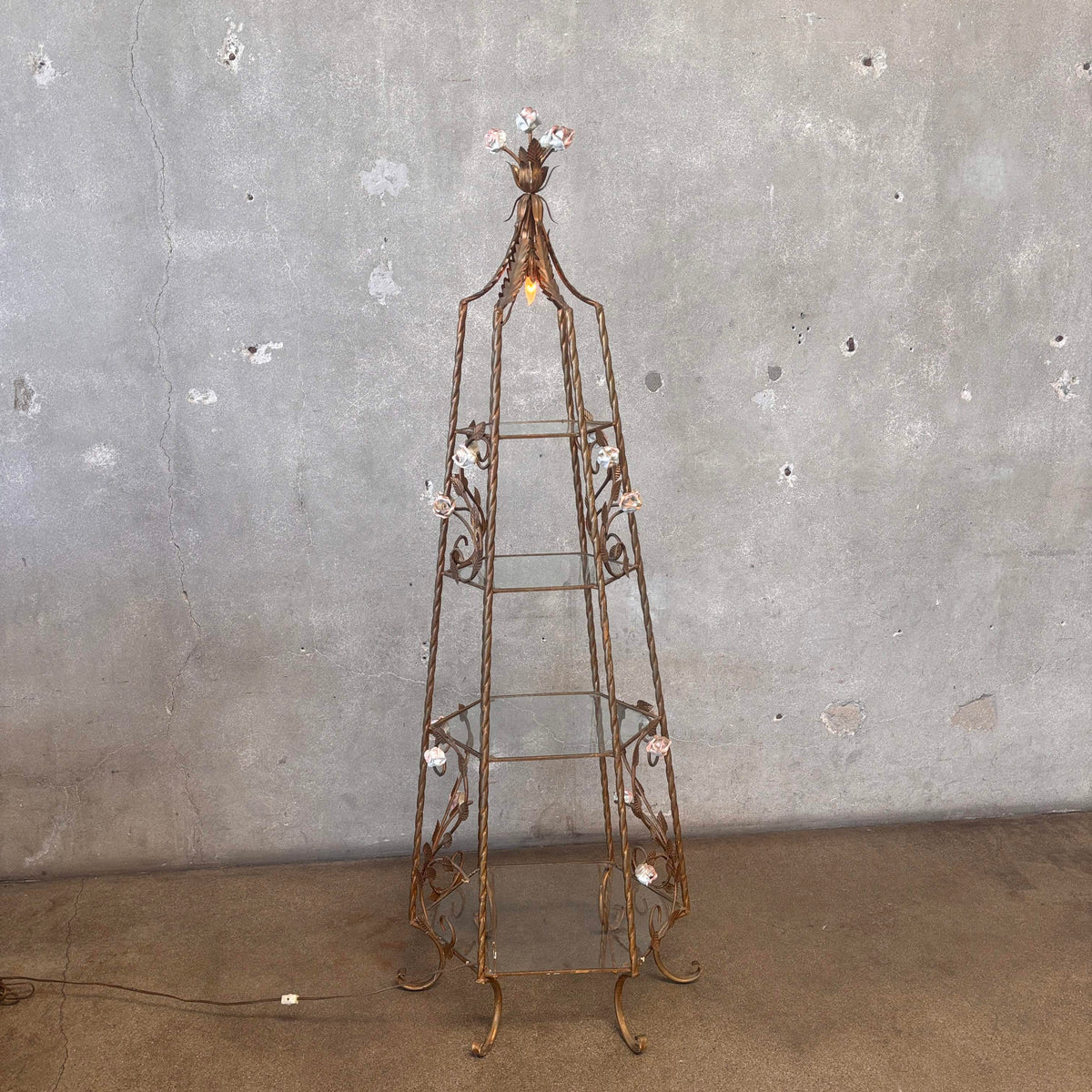 4 Shelve Mid Century Modern Hollywood Regency Etagere Gilded With Porcelain Rosés