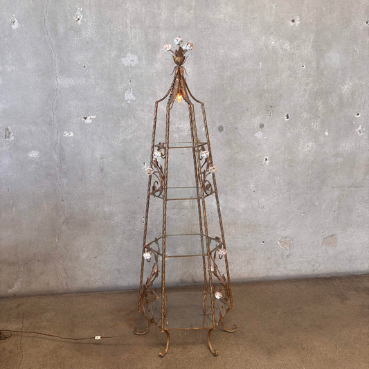 Four Shelf Hollywood Regency Etagere Gilded With Porcelain Rosés