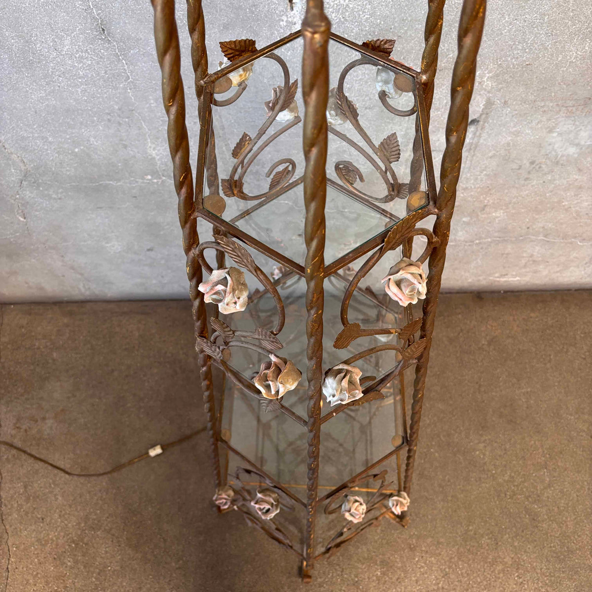 4 Shelve Mid Century Modern Hollywood Regency Etagere Gilded With Porcelain Rosés