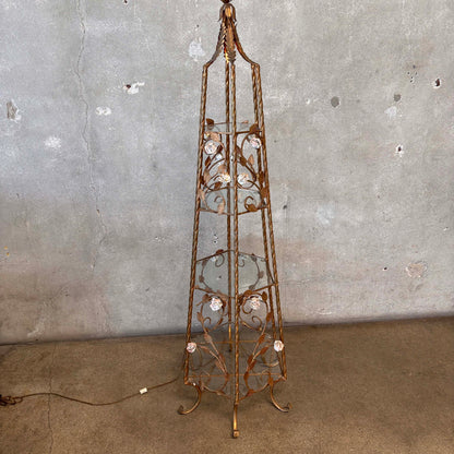 4 Shelve Mid Century Modern Hollywood Regency Etagere Gilded With Porcelain Rosés