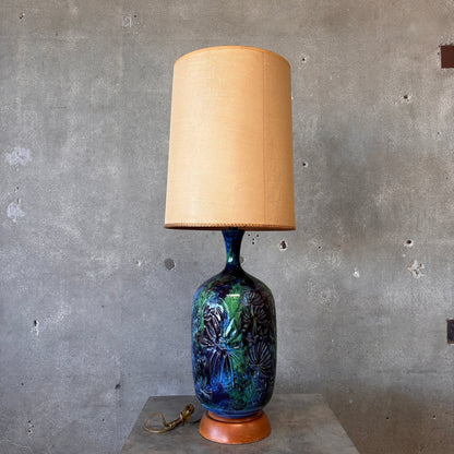 Mid Century Modern Monumental Blue Green Floral Etched Table Lamp