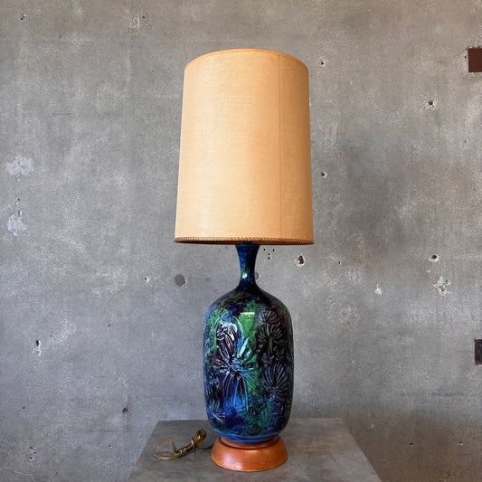Mid Century Modern Monumental Blue Green Floral Etched Table Lamp