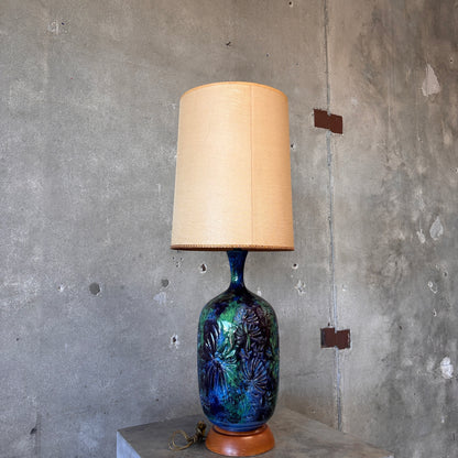 Mid Century Modern Monumental Blue Green Floral Etched Table Lamp