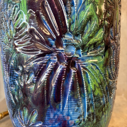 Mid Century Modern Monumental Blue Green Floral Etched Table Lamp