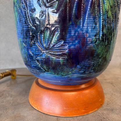 Mid Century Modern Monumental Blue Green Floral Etched Table Lamp