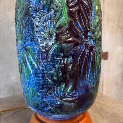 Mid Century Modern Monumental Blue Green Floral Etched Table Lamp