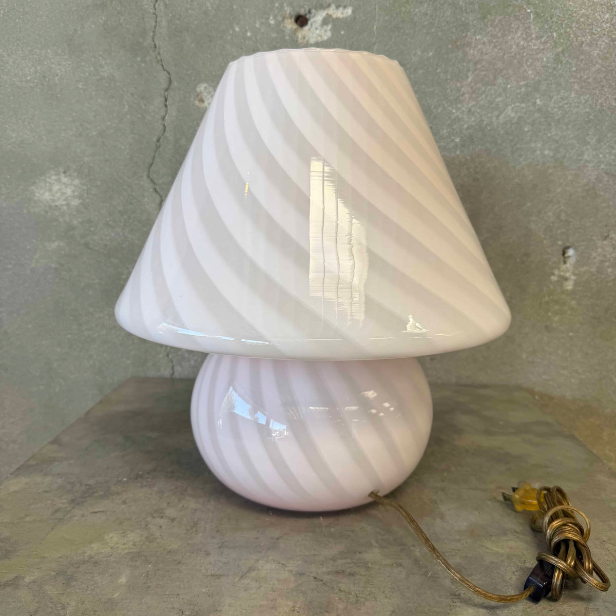 Vintage Italian 70s Murano Mushroom Table Lamp, White Swirl Opaline Glass