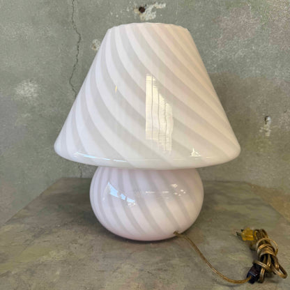 Vintage Italian 70s Murano Mushroom Table Lamp, White Swirl Opaline Glass