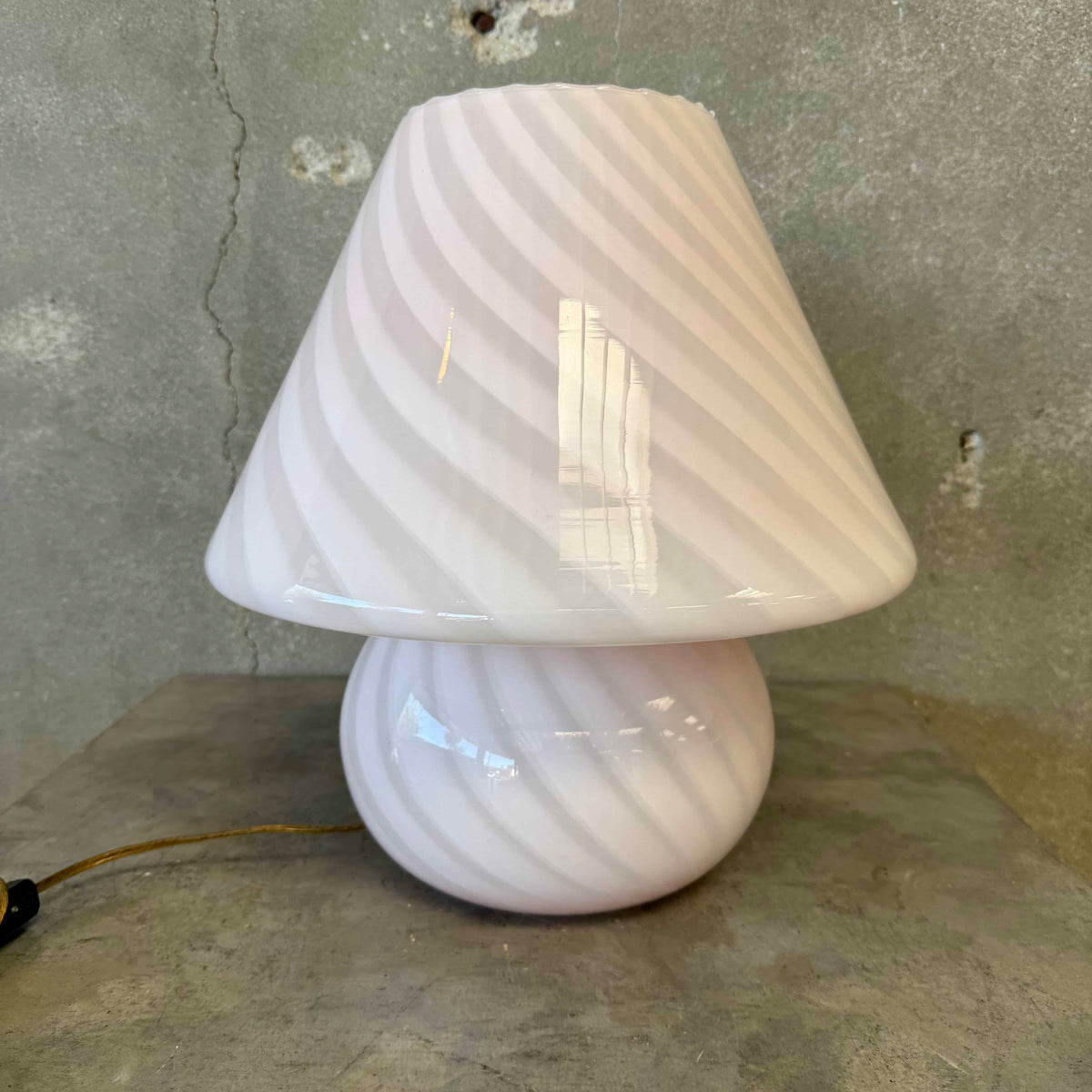 Vintage Italian 70s Murano Mushroom Table Lamp, White Swirl Opaline Glass