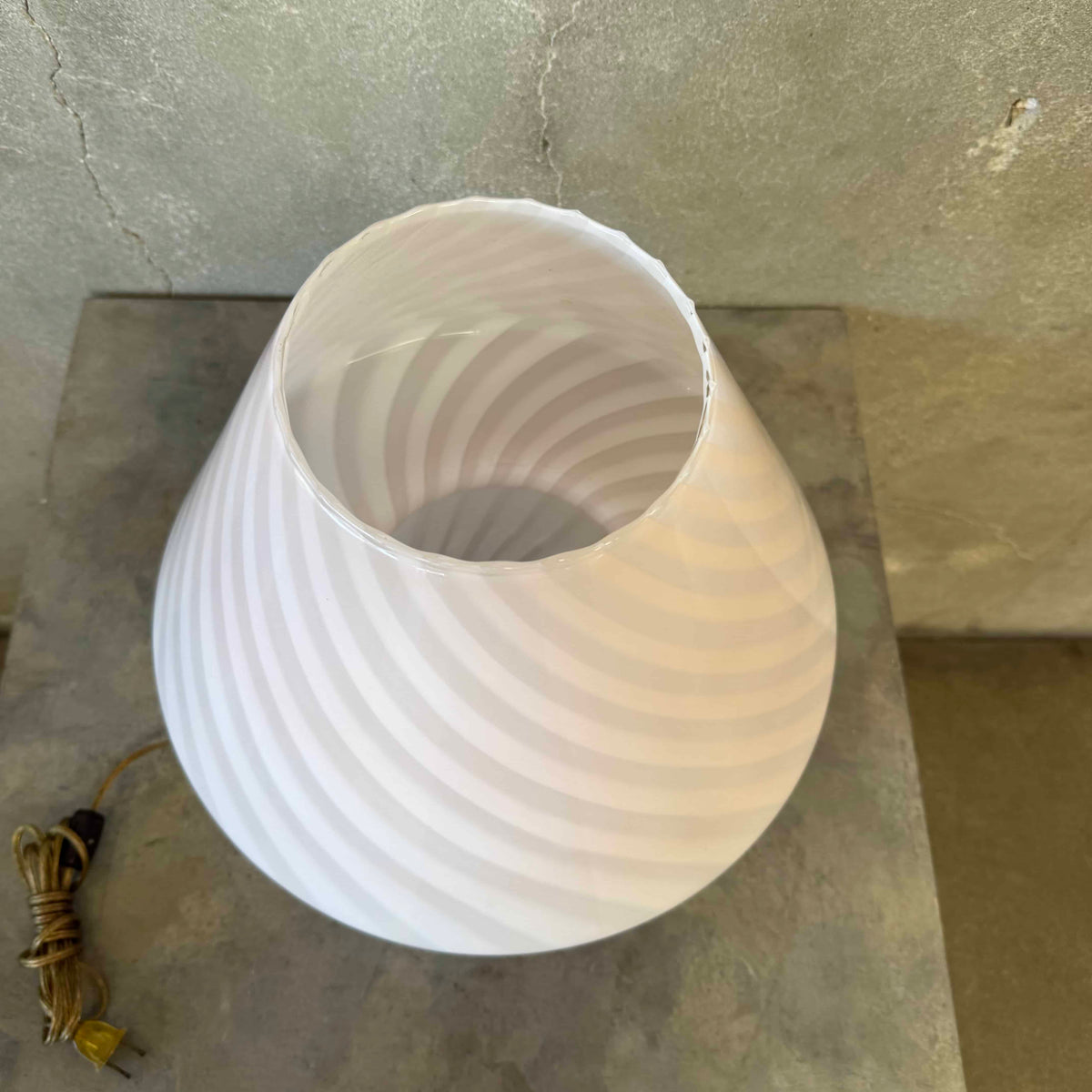 Vintage Italian 70s Murano Mushroom Table Lamp, White Swirl Opaline Glass
