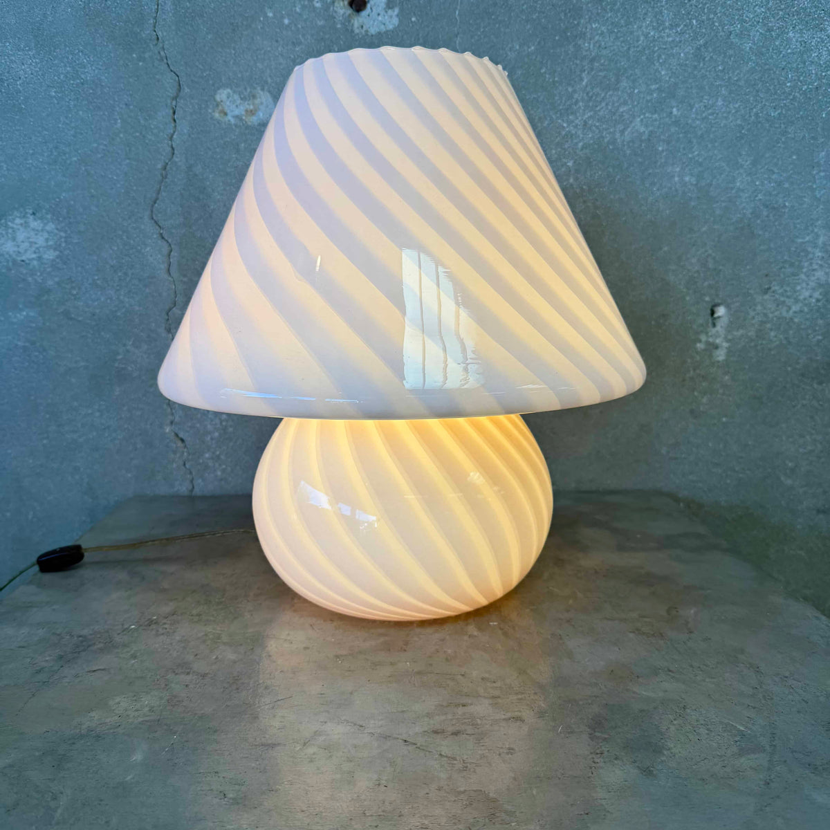 Vintage Italian 70s Murano Mushroom Table Lamp, White Swirl Opaline Glass