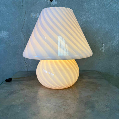 Vintage Italian 70s Murano Mushroom Table Lamp, White Swirl Opaline Glass