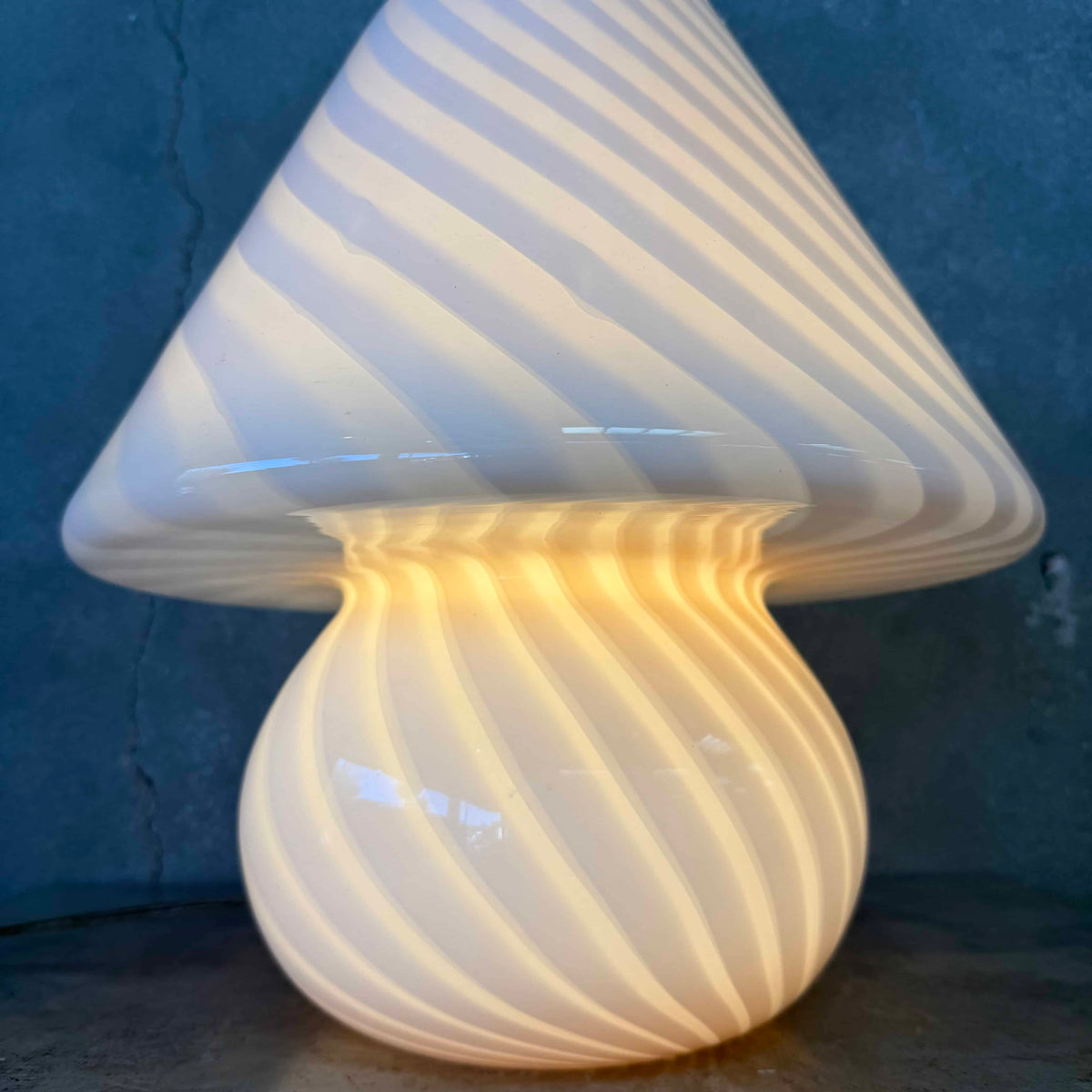 Vintage Italian 70s Murano Mushroom Table Lamp, White Swirl Opaline Glass