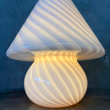 Vintage Italian 70s Murano Mushroom Table Lamp, White Swirl Opaline Glass