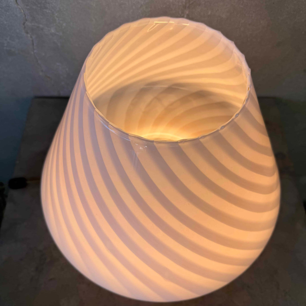 Vintage Italian 70s Murano Mushroom Table Lamp, White Swirl Opaline Glass