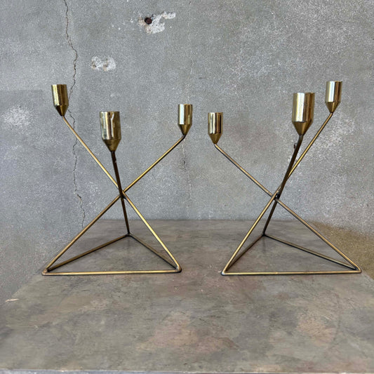 Pair of Mid Century Modern Brutalist Brass Candle Holders