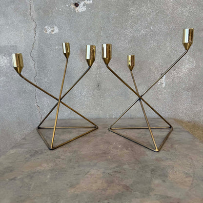 Pair of Mid Century Modern Brutalist Brass Candle Holders