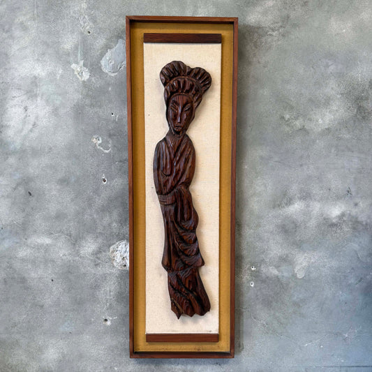 1960s Tiki Witch Five Foot Geisha Figure Framed on Burlap - All Original