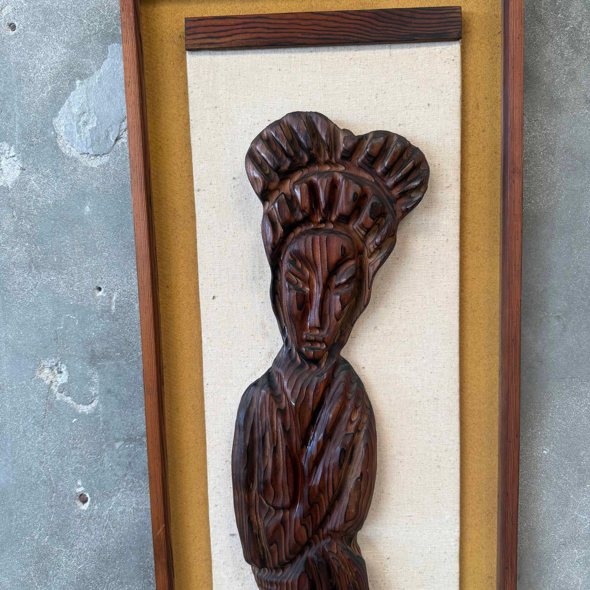 1960s Tiki Witch Five Foot Geisha Figure Framed on Burlap - All Original