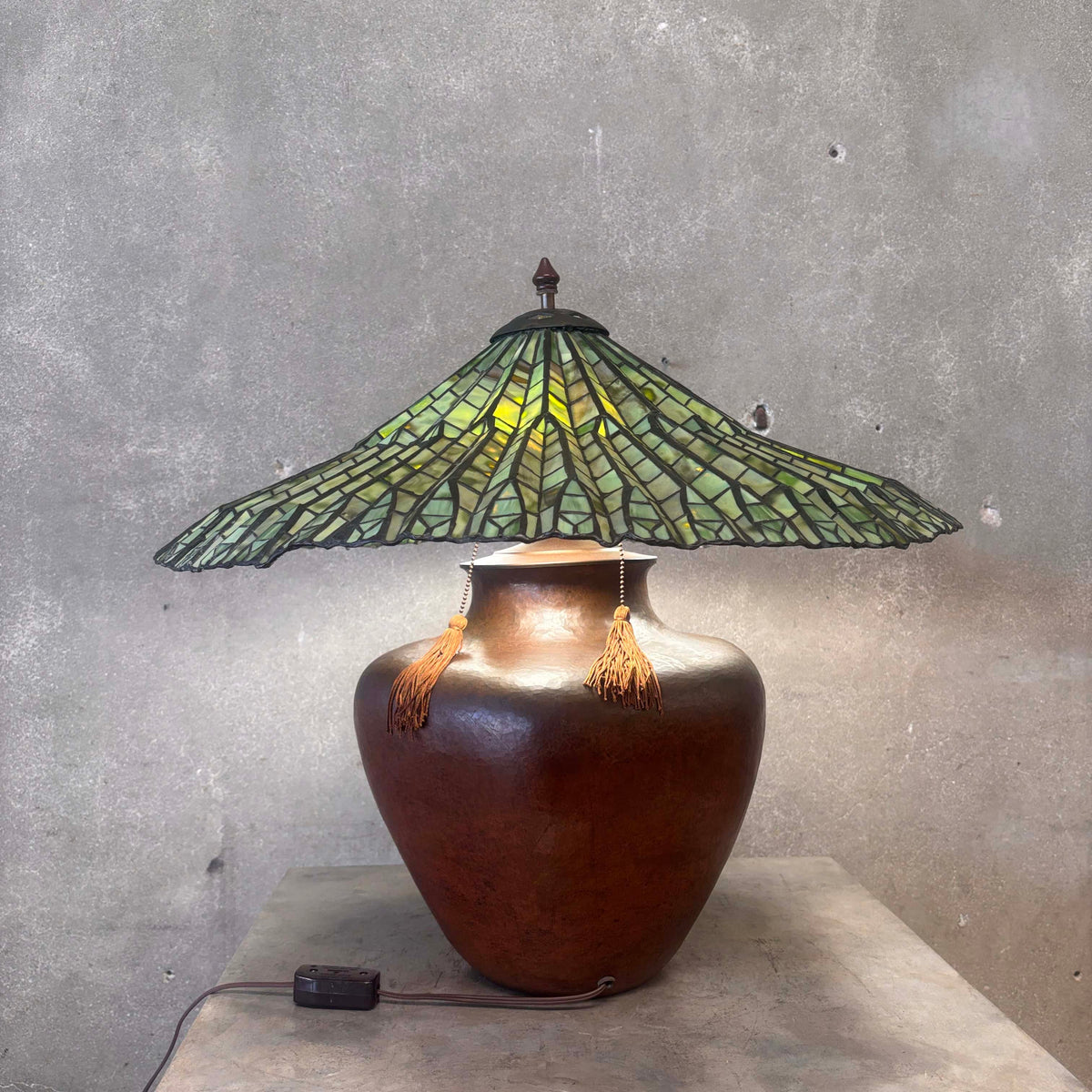 Thomas Studios Hand Hammerer Copper Lamp With Tiffany Styles Lotus Leaf Lampshade