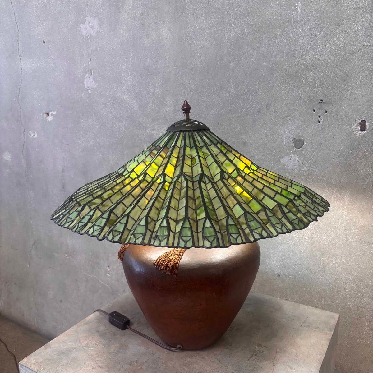 Thomas Studios Hand Hammerer Copper Lamp With Tiffany Styles Lotus Leaf Lampshade