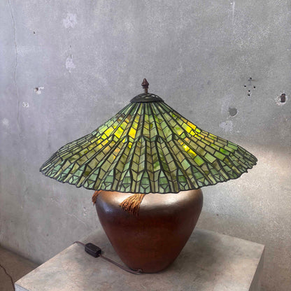 Thomas Studios Hand Hammerer Copper Lamp With Tiffany Styles Lotus Leaf Lampshade