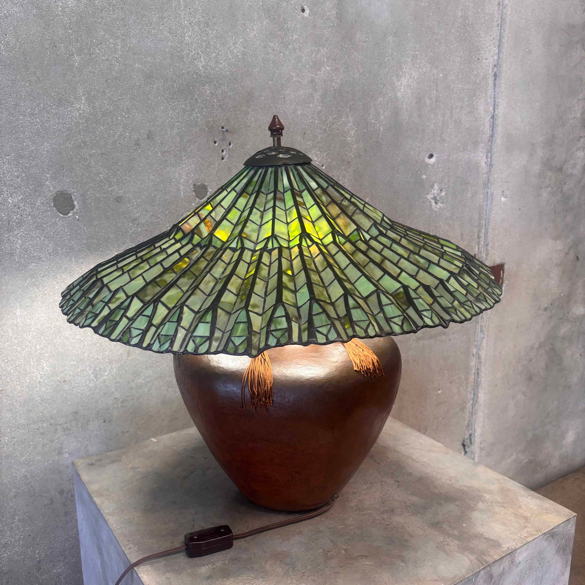 Thomas Studios Hand Hammerer Copper Lamp With Tiffany Styles Lotus Leaf Lampshade
