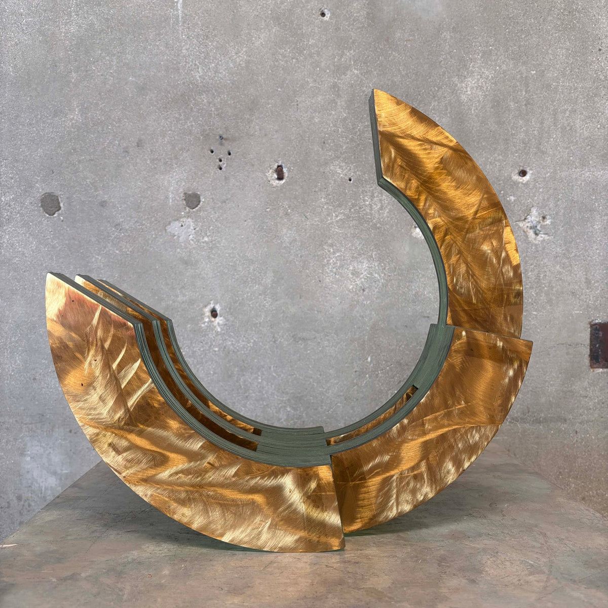 Post Modernist Green Glass + Textured Brass Sculpture