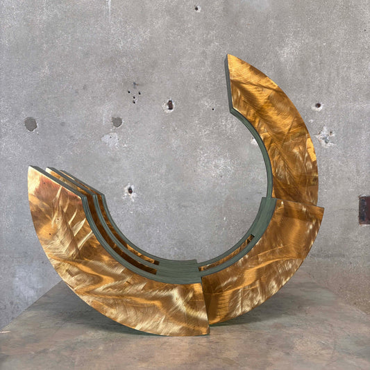 Post Modernist Green Glass + Textured Brass Sculpture