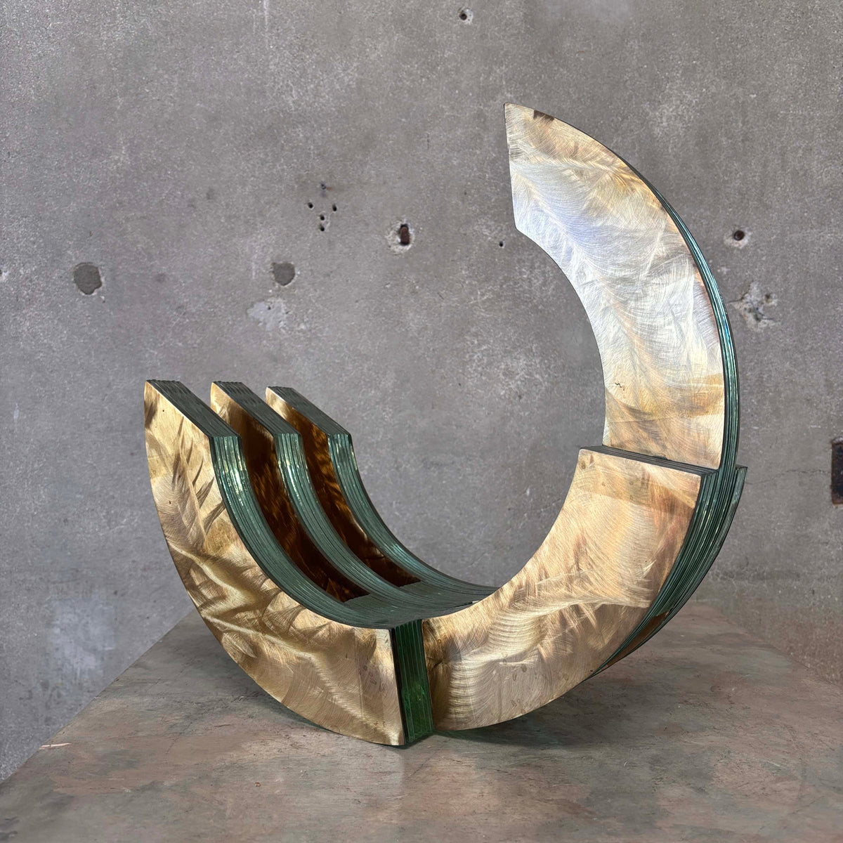 Post Modernist Green Glass + Textured Brass Sculpture