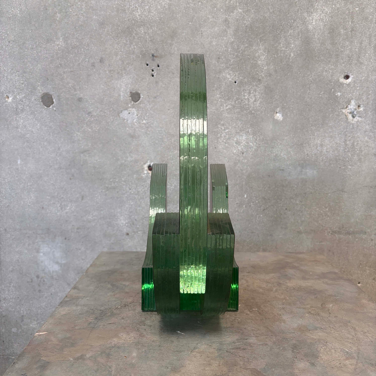 Post Modernist Green Glass + Textured Brass Sculpture