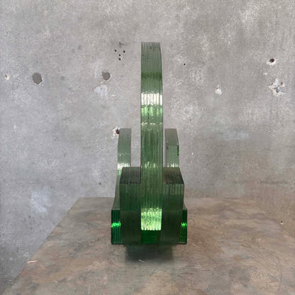 Post Modernist Green Glass + Textured Brass Sculpture