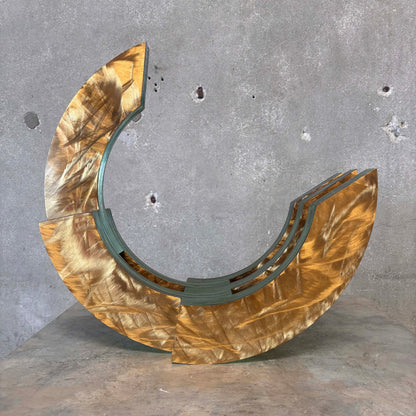 Post Modernist Green Glass + Textured Brass Sculpture