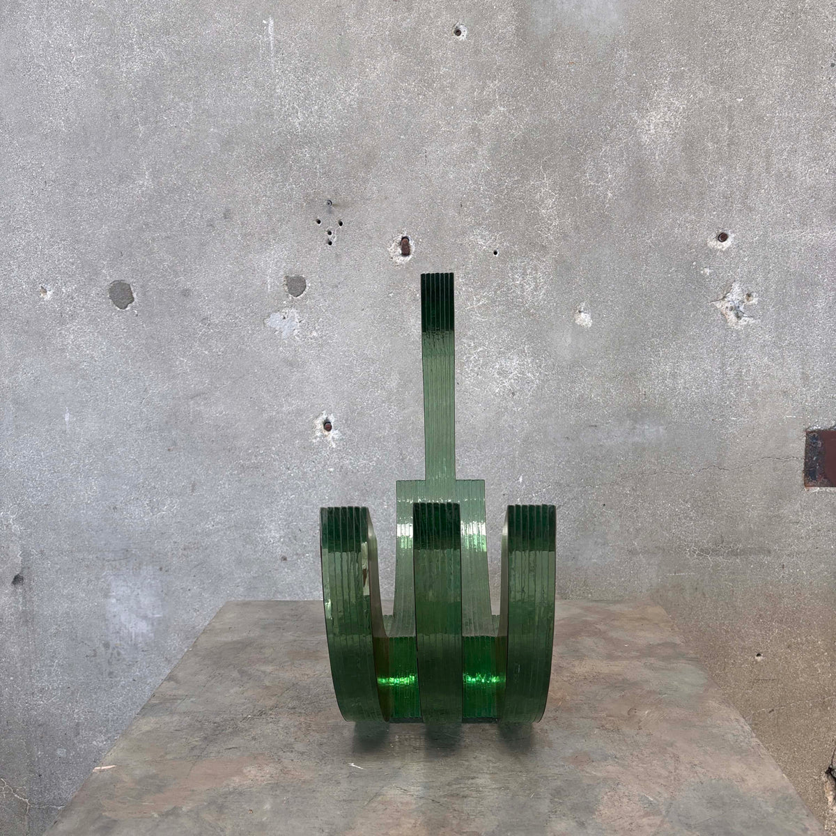 Post Modernist Green Glass + Textured Brass Sculpture