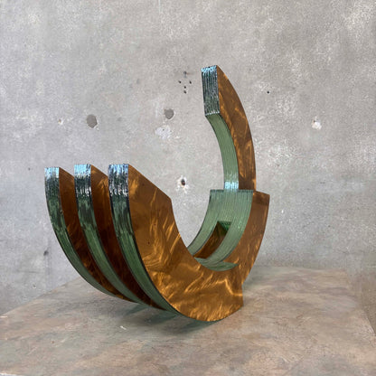 Post Modernist Green Glass + Textured Brass Sculpture