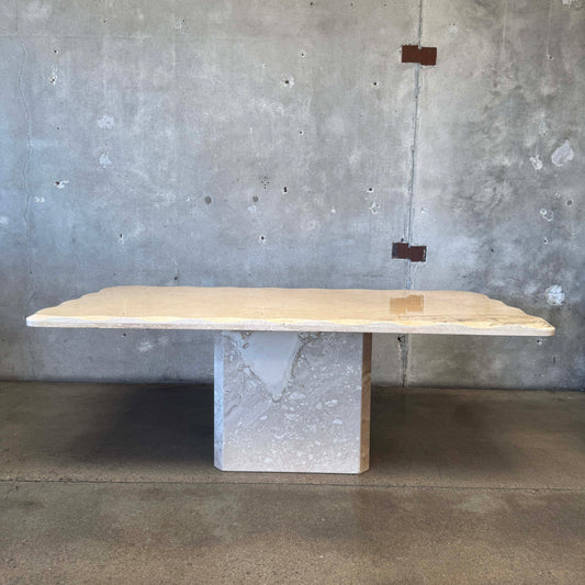 Vintage Post Modern Scalloped Edge Beige Travertine Dining Table