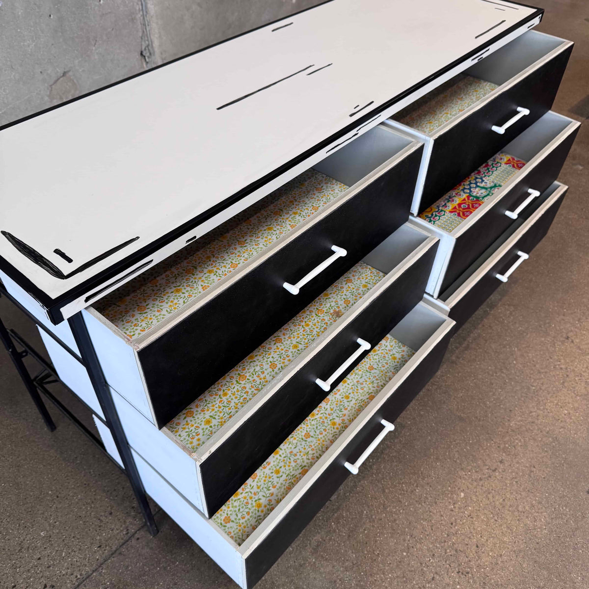 Mid Century Vista of California Iron, Wood and Leather 5 Drawer Dresser