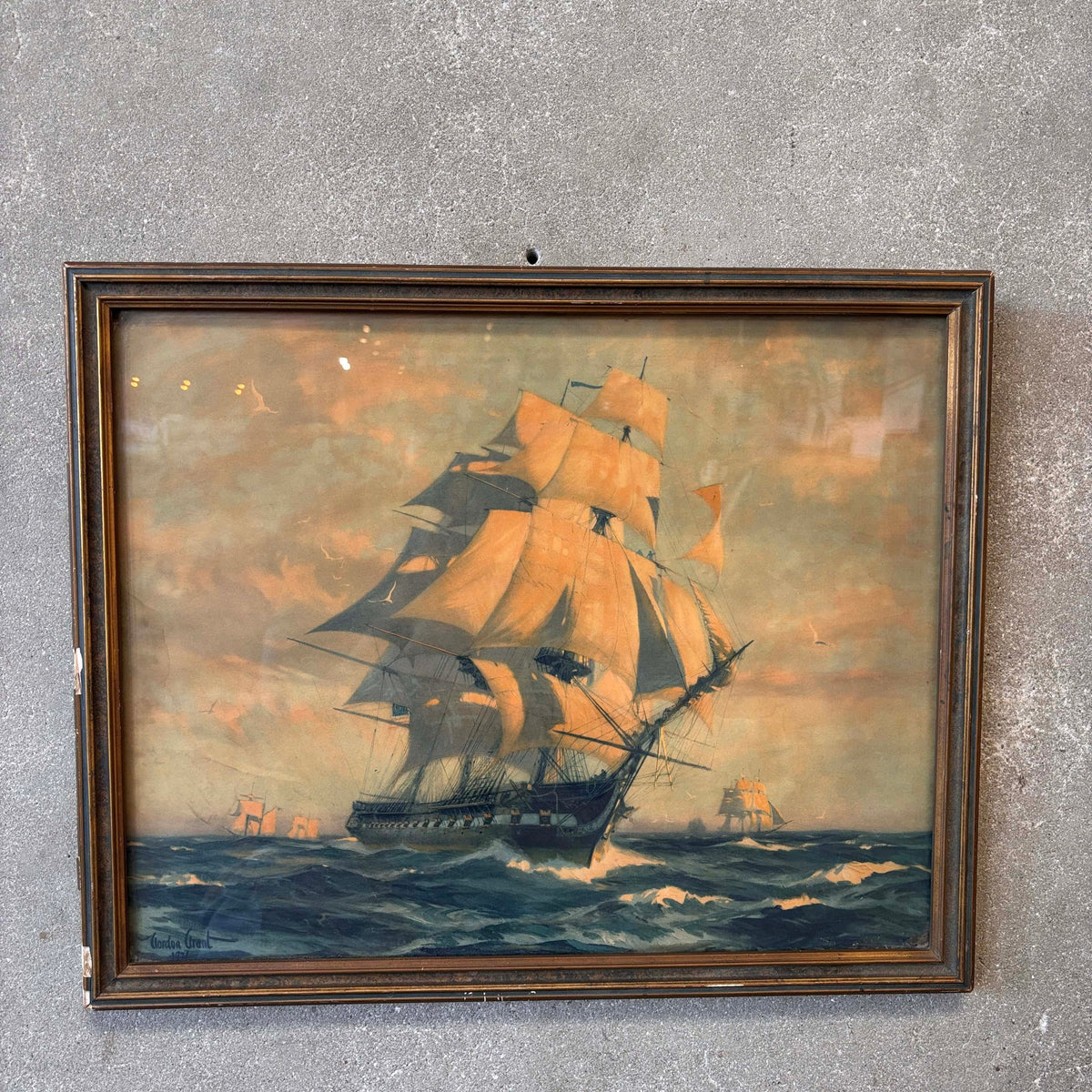 Vintage Framed Gordon Grant 1927 Lithograph Print Old Ironsides