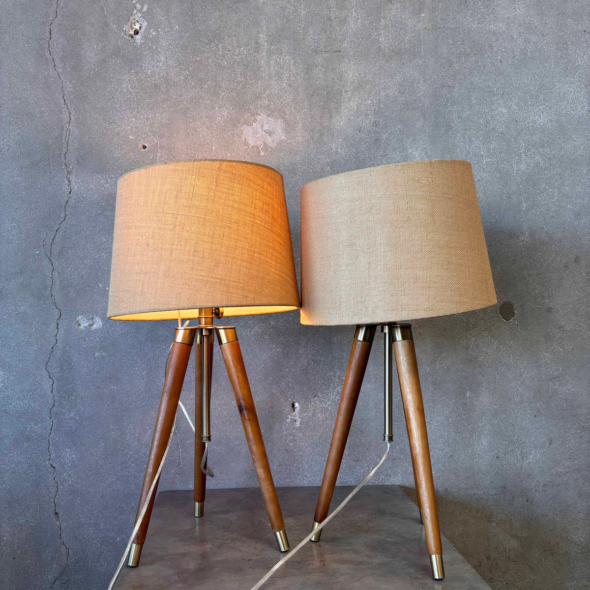 Mid Century Modern Tripod Wood & Brass Table Lamps