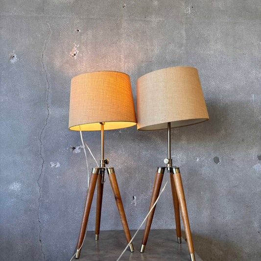 Mid Century Modern Tripod Wood & Brass Table Lamps