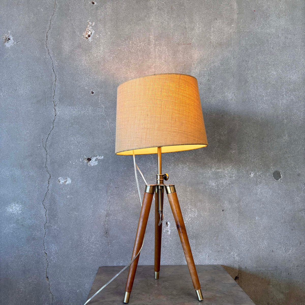 Mid Century Modern Tripod Wood & Brass Table Lamps