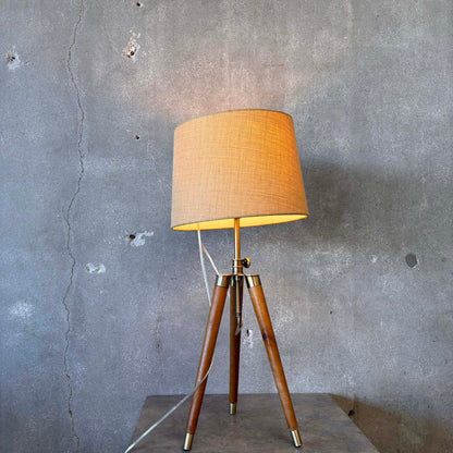 Mid Century Modern Tripod Wood & Brass Table Lamps