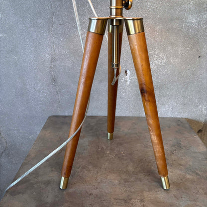 Mid Century Modern Tripod Wood & Brass Table Lamps
