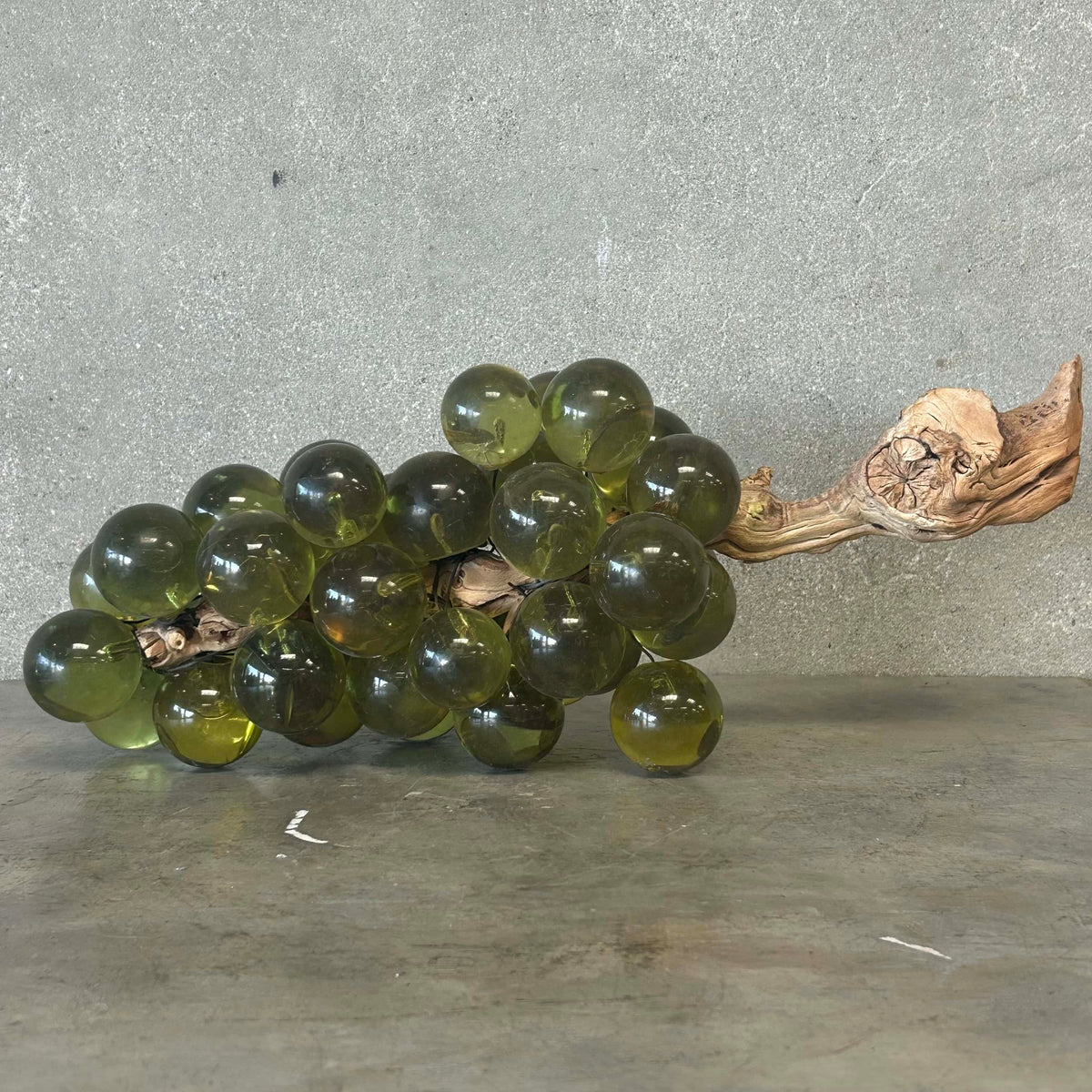 Vintage Mid Century Modern Italian Large Green Lucite Grapes on Driftwood