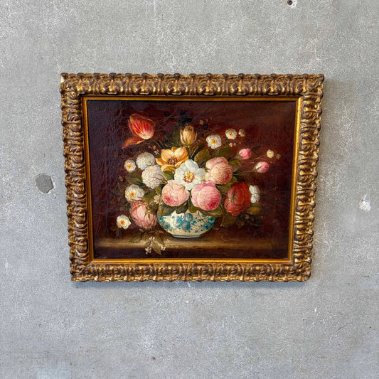 19th Century Flower Still Life Oil Painting on Linen