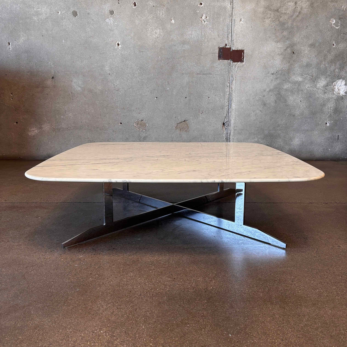 Low Italian Marble Coffee Table With Chrome Plated Steel Cross Base