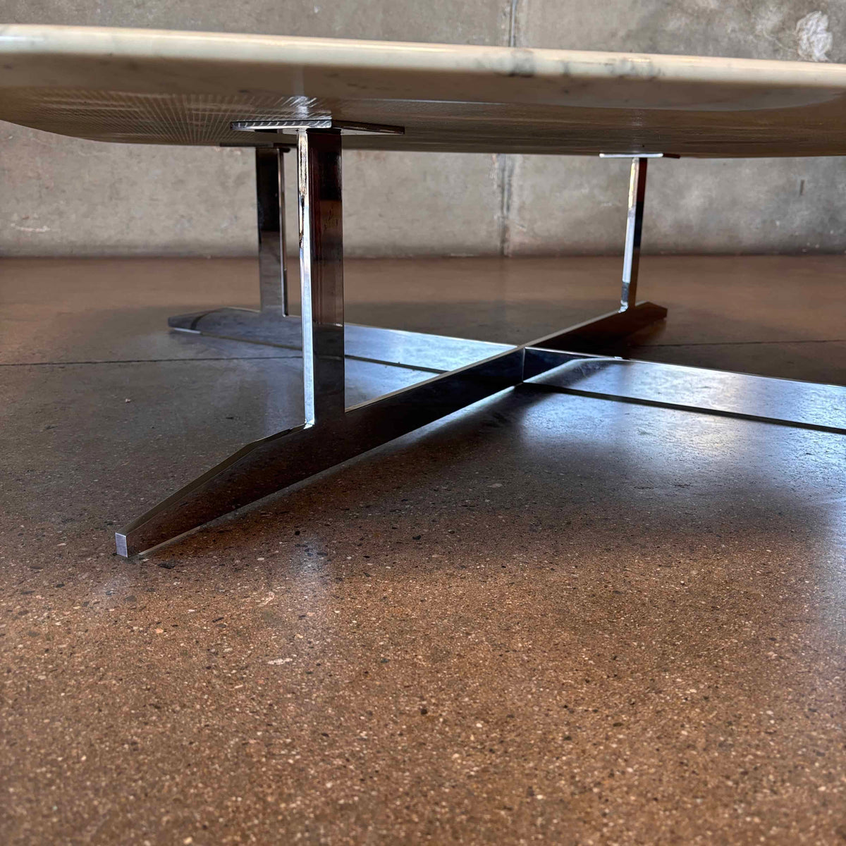 Low Italian Marble Coffee Table With Chrome Plated Steel Cross Base