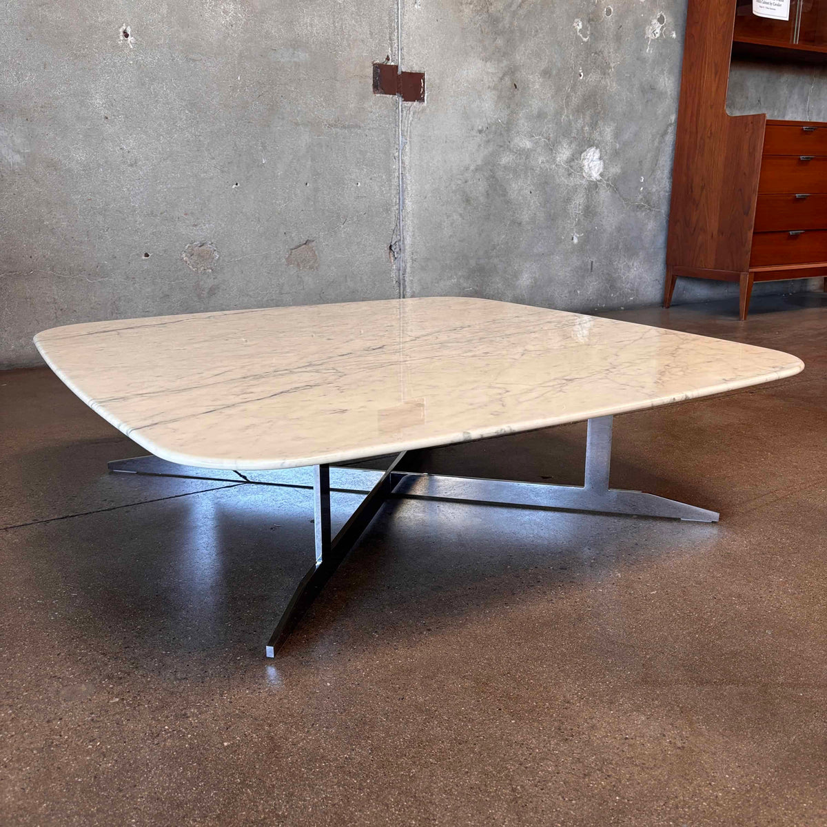 Low Italian Marble Coffee Table With Chrome Plated Steel Cross Base