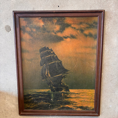 Vintage Framed Textured Framed Lithograph Of Old Ironsides By Gordon Grant
